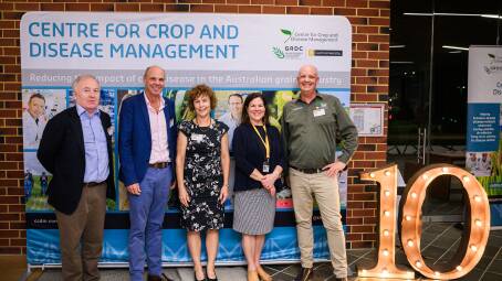 Nigel Hart, (left), Grains Research and Development Corporation (GRDC) managing director, John Woods, GRDC chairman, Curtin University deputy vice-chancellor, research professor Melinda Fitzgerald, Curtin University vice-chancellor Professor Harlene Hayne and professor Mark Gibberd, Centre for Crop and Disease Management director.