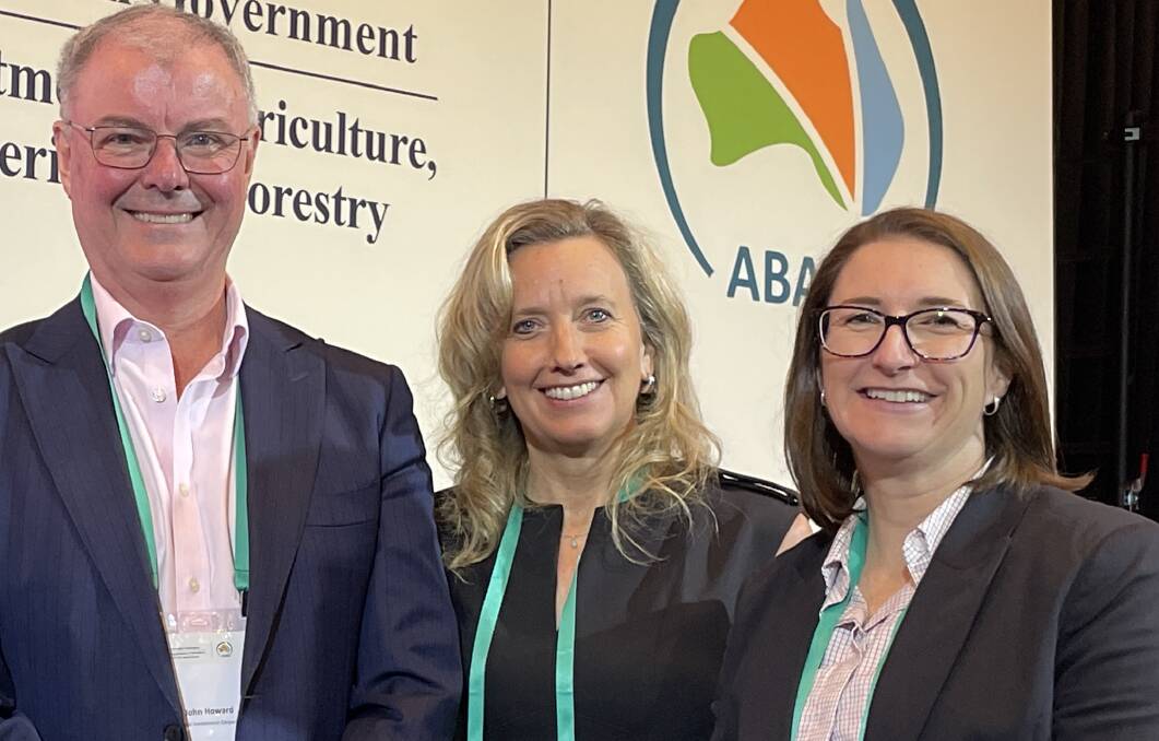 Nuveen Natural Capital's Kristina Hermanson (centre) at this year's agricultural Outlook 2024 conference with fellow speakers, John Howard, from the Regional Investment Corporation and National Australia Bank's Josie Zilm. 